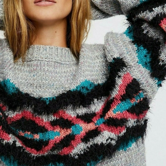 Free People I Heart You Wool Blend Cropped Aztec Print Sweater Grey Size Small - Picture 4 of 11